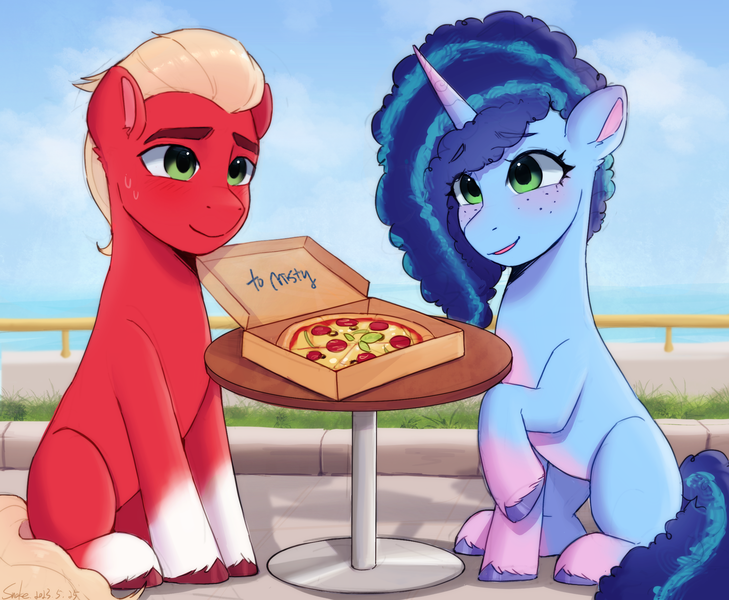 Size: 2490x2048 | Tagged: safe, artist:xiaowu07, derpibooru import, sprout cloverleaf, earth pony, pony, unicorn, g5, cute, duo, duo male and female, female, food, image, male, mare, maretime bay, misty brightdawn, mistyclover, pizza, png, raised hoof, shipping, signature, sitting, smiling, stallion, straight, table