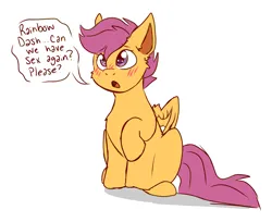 Size: 2817x2294 | Tagged: suggestive, artist:spoonfulofsuga, derpibooru import, edit, scootaloo, pegasus, pony, asking for it, blushing, female, filly, foal, image, implied foalcon, implied lesbian, implied scootadash, implied shipping, implied underage, png, simple background, solo, white background