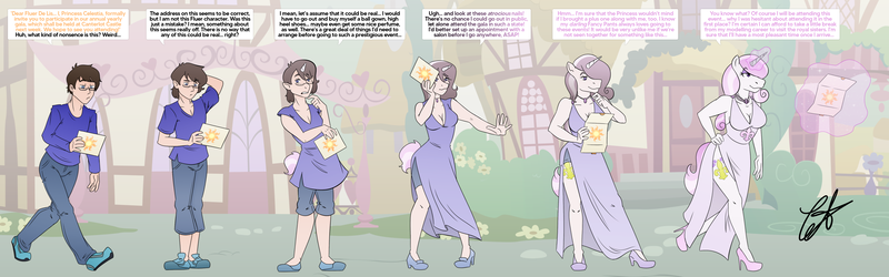 Size: 4326x1352 | Tagged: safe, artist:axiomtf, derpibooru import, fleur-de-lis, anthro, human, unicorn, big breasts, breasts, clothes, denim, dialogue, dress, glasses, high heels, image, jeans, letter, pants, png, reading, shirt, shoes, solo, transformation, transformation sequence, transgender transformation
