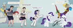 Size: 3366x1300 | Tagged: safe, artist:axiomtf, derpibooru import, discord, rarity, human, unicorn, annoyed, blue eyes, clothes, dialogue, glasses, image, laughing, png, ponyville, purple hair, shirt, shocked, shoes, shorts, transformation, transformation sequence, transgender transformation