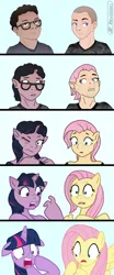 Size: 1720x4128 | Tagged: safe, artist:axiomtf, artist:zeydaan, derpibooru import, fluttershy, twilight sparkle, human, pegasus, unicorn, clothes, floppy ears, glasses, image, male to female, png, rule 63, shaved head, shirt, shocked, show accurate, transformation, transformation sequence, transgender transformation