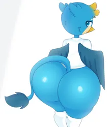 Size: 2949x3346 | Tagged: suggestive, anonymous artist, derpibooru import, gallus, anthro, gryphon, :3, ass, butt, clothes, gallass, gradient hair, huge butt, ibispaint x, image, impossibly large butt, large butt, looking at you, looking back, looking back at you, male, no source available, png, rear view, shirt, simple background, socks, solo, solo male, thigh highs, translation request, white background, wings