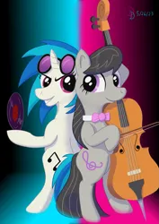 Size: 849x1200 | Tagged: safe, artist:darkdabula, derpibooru import, octavia melody, vinyl scratch, bow (instrument), cello, cello bow, duo, duo female, female, image, lesbian, musical instrument, png, record, scratchtavia, shipping