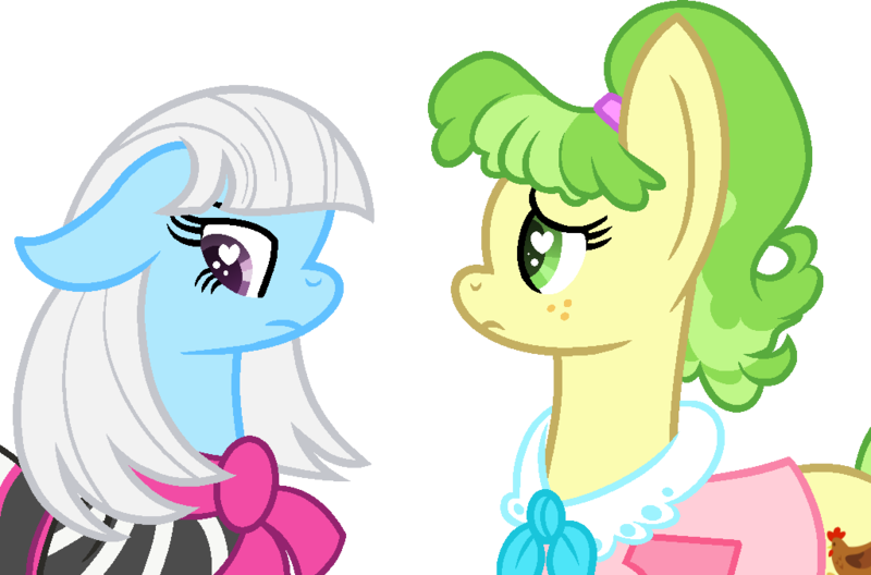 Size: 1024x676 | Tagged: safe, artist:alyssaricepony, artist:tanahgrogot, derpibooru import, chickadee, ms. peachbottom, photo finish, earth pony, pony, cute, duo, duo female, female, floppy ears, heart, heart eyes, image, looking at you, png, ponytail, sad, sadorable, simple background, transparent background, wingding eyes, worried