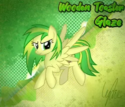 Size: 1894x1615 | Tagged: safe, artist:lydia, derpibooru import, oc, oc:wooden toaster, pegasus, cool, cruel, flying, glaze, green eyes, green mane, illustration, image, looking at you, music, png, show accurate, solo