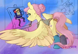 Size: 2158x1500 | Tagged: safe, artist:midnightpremiere, derpibooru import, fluttershy, pegasus, pony, alternate hairstyle, butt, canvas, clothes, female, flutterbutt, hair bun, image, jpeg, large wings, looking at you, looking back, looking back at you, mare, mouth hold, paintbrush, plot, socks, solo, spread wings, wings