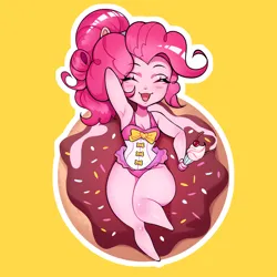 Size: 2480x2480 | Tagged: safe, artist:ikstina, derpibooru import, pinkie pie, human, equestria girls, blushing, breasts, cherry, chibi, chubby, clothes, curvy, donut, drink, food, humanized, image, keychain, merchandise, milkshake, pink hair, png, simple background, smiling, sprinkles, sticker, swimming, swimsuit, thick, wide hips, yellow background