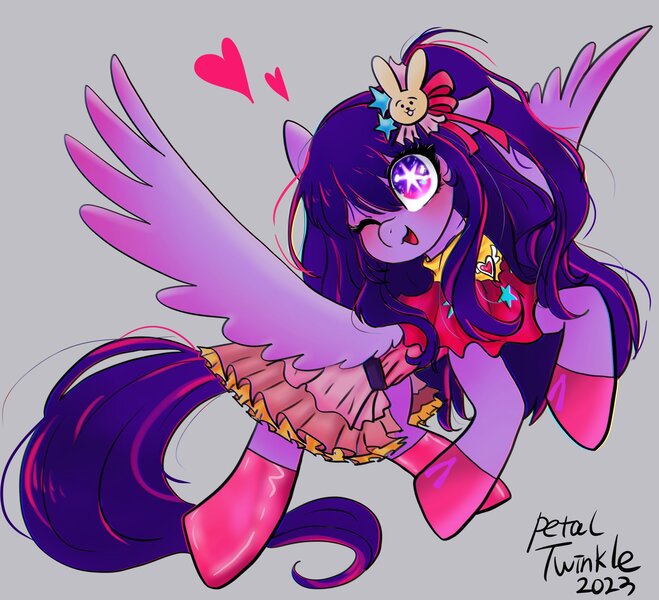 Size: 2048x1865 | Tagged: safe, artist:petaltwinkle, derpibooru import, ponified, pegasus, pony, ai hoshino, anime, clothes, dress, female, floating heart, gloves, gray background, hair accessory, heart, image, jpeg, latex, latex gloves, latex socks, mare, not twilight sparkle, one eye closed, open mouth, open smile, oshi no ko, shoes, signature, simple background, skirt, smiling, socks, solo, spread wings, wingding eyes, wings, wink