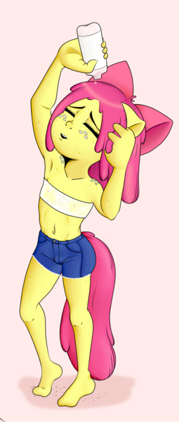 Size: 1191x2800 | Tagged: questionable, artist:riscke, banned from derpibooru, apple bloom, anthro, earth pony, clothes, erect nipples, eyes closed, female, freckles, image, lolicon, nipple outline, png, simple background, solo, underage, water bottle, wet clothes