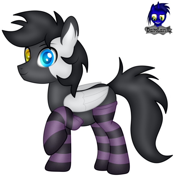 Size: 3840x4154 | Tagged: safe, artist:damlanil, derpibooru import, oc, oc:cloudy days, unofficial characters only, pegasus, pony, clothes, commission, cute, happy, heterochromia, image, male, png, raised hoof, show accurate, simple background, smiling, socks, solo, stallion, striped socks, transparent background, vector, wings
