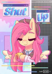 Size: 2480x3508 | Tagged: safe, artist:musicfirewind, derpibooru import, fluttershy, pony, '90s, clothes, cup, eyebrows, eyebrows visible through hair, image, jpeg, smiling, solo, spread wings, wings