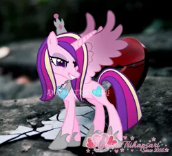 Size: 1083x978 | Tagged: safe, artist:tanahgrogot, derpibooru import, idw, princess cadance, alicorn, pony, reflections, spoiler:comic, evil cadance, evil grin, eyeshadow, female, grin, heartbreak, idw showified, image, makeup, mare, png, reversed, smiling, solo, watermark