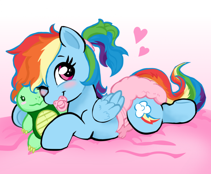 Size: 2115x1742 | Tagged: questionable, artist:onc3l3rphobix, derpibooru import, rainbow dash, pony, blushing, coy, cute, diaper, diaper fetish, fetish, heart, image, looking at you, non-baby in diaper, pacifier, pink diaper, plushie, png, ponytail, solo