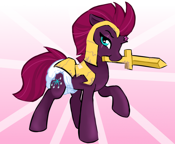 Size: 2115x1742 | Tagged: questionable, artist:onc3l3rphobix, derpibooru import, tempest shadow, pony, armor, clothes, costume, cute, diaper, diaper fetish, fetish, image, looking at you, non-baby in diaper, png, solo, sword, weapon, white diaper, wooden sword