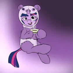 Size: 650x650 | Tagged: safe, artist:samofbob, derpibooru import, twilight sparkle, bear, panda, pony, unicorn, animal costume, clothes, costume, gradient background, image, jpeg, solo, unicorn twilight