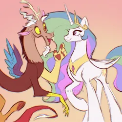 Size: 1280x1280 | Tagged: safe, artist:deerlaurs, derpibooru import, discord, princess celestia, alicorn, pony, dislestia, female, gradient background, image, jpeg, male, shipping, straight