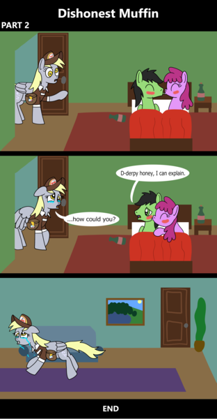 Size: 1920x3692 | Tagged: safe, artist:platinumdrop, derpibooru import, berry punch, berryshine, oc, oc:anon, oc:anon stallion, earth pony, pegasus, pony, comic:dishonest muffin, 3 panel comic, alcohol, bed, bedroom, blushing, bottle, cheating, comic, commission, couch, crying, dialogue, door, hat, image, kissing, living room, mailmare, mailmare hat, mailmare uniform, nightstand, picture frame, plant, png, rug, running, running away, speech bubble, wings