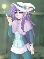 Size: 540x720 | Tagged: safe, artist:brot-art, derpibooru import, rarity, human, background human, curly hair, element of generosity, element of honesty, element of kindness, element of laughter, element of loyalty, element of magic, elements of harmony, female, hat, humanized, image, jpeg, solo, solo female, spell, wand, witch, witch hat
