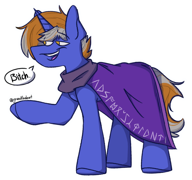Size: 1600x1500 | Tagged: safe, artist:grandfinaleart, derpibooru import, oc, oc:axtus, unofficial characters only, pony, unicorn, blue fur, cloak, cloaked, clothes, digital art, horn, image, male, orange hair, orange mane, orange tail, png, runes, simple background, smiling, solo, stallion, stallion oc, tail, transparent background, unicorn oc, unshorn fetlocks, vulgar, yellow eyes