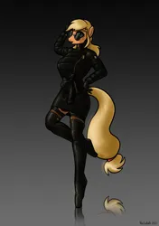 Size: 1611x2286 | Tagged: suggestive, alternate version, artist:vanschalk, derpibooru import, part of a set, applejack, anthro, earth pony, robot, unguligrade anthro, applebot, ballet boots, bodysuit, bondage, boots, breasts, busty applejack, clothes, coat, cosplay, costume, encasement, female, fetish, gloves, gradient background, gray background, gynoid, hand on hip, high heel boots, image, implied human, jpeg, lipstick, looking at you, mask, masking, mecha, patreon, patreon reward, ponysuit, pose, reflecting floor, robot suit, roboticization, shoes, signature, simple background, smiling, solo, solo female, standing, sunglasses, tail, thigh boots, tiptoe, transformation, zipper