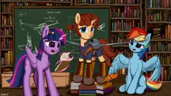 Size: 3840x2160 | Tagged: safe, artist:leoliu0491, derpibooru import, rainbow dash, twilight sparkle, twilight sparkle (alicorn), oc, alicorn, pegasus, unicorn, book, bookshelf, chalkboard, clipboard, image, pencil behind ear, png, sitting, spread wings, wings