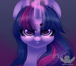 Size: 2048x1781 | Tagged: safe, artist:skyboundsiren, derpibooru import, pony, bust, eye clipping through hair, eyebrows, eyebrows visible through hair, glow, glowing horn, gradient background, horn, image, jpeg, solo