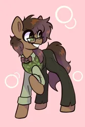 Size: 1200x1800 | Tagged: safe, artist:chunchalunch, derpibooru import, oc, unofficial characters only, earth pony, pony, bowtie, clothes, glasses, grin, image, jpeg, pants, pink background, shirt, simple background, smiling, solo, vest