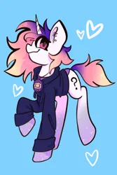 Size: 1200x1800 | Tagged: safe, artist:chunchalunch, derpibooru import, oc, unofficial characters only, pony, unicorn, clothes, heart, hoodie, image, jpeg, looking at you, smiling, solo, tamagotchi