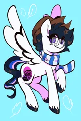 Size: 1200x1800 | Tagged: safe, artist:chunchalunch, derpibooru import, oc, unofficial characters only, pegasus, pony, blue background, clothes, cyan background, eye clipping through hair, freckles, glasses, image, jpeg, looking at you, scarf, simple background, smiling, solo, spread wings, striped scarf, unshorn fetlocks, wings