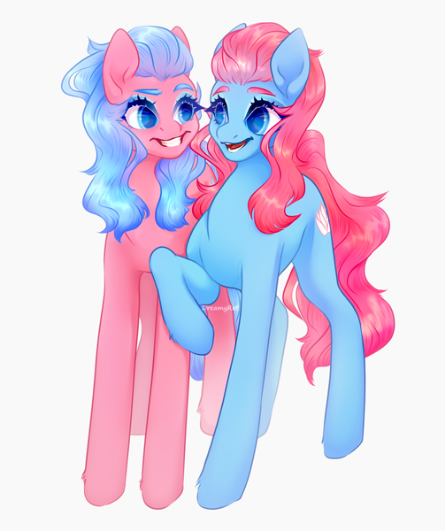 Size: 3120x3720 | Tagged: safe, artist:dreamyrat, derpibooru import, aloe, lotus blossom, earth pony, pony, duo, duo female, female, image, looking at each other, looking at someone, mare, open mouth, open smile, png, raised hoof, siblings, simple background, sisters, smiling, smiling at each other, spa pony, spa twins, twins