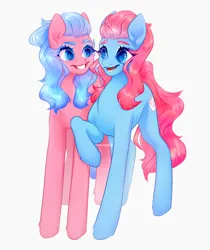 Size: 3120x3720 | Tagged: safe, artist:dreamyrat, derpibooru import, aloe, lotus blossom, earth pony, pony, duo, duo female, female, image, looking at each other, looking at someone, mare, open mouth, open smile, png, raised hoof, siblings, simple background, sisters, smiling, smiling at each other, spa pony, spa twins, twins