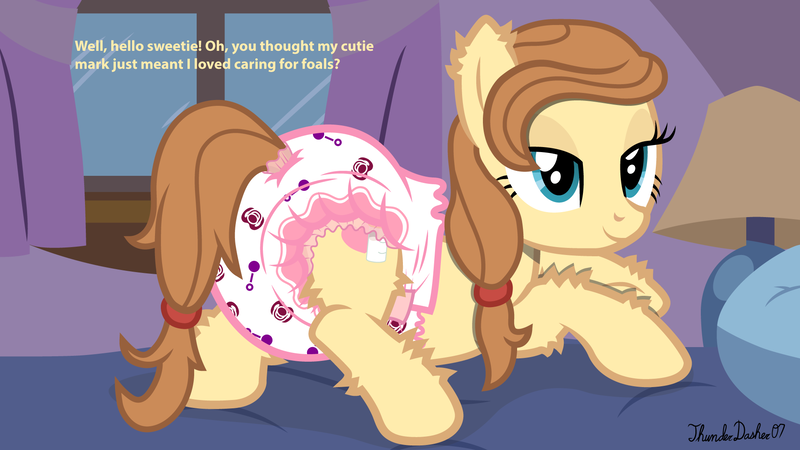 Size: 1920x1080 | Tagged: questionable, artist:thunderdasher07, derpibooru import, oc, oc:cream heart, unofficial characters only, earth pony, pony, abdl, adult foal, bed, bedroom, bedroom eyes, butt, curtains, dialogue, diaper, diaper butt, diaper fetish, ear fluff, earth pony oc, female, fetish, hoof fluff, image, lamp, leg fluff, looking at you, mare, mother's day, non-baby in diaper, pacifier, pillow, plot, png, poofy diaper, rattle, smiling, smiling at you, solo, sultry pose, talking to viewer, window