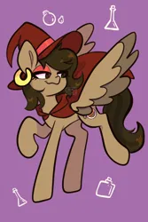 Size: 1200x1800 | Tagged: safe, artist:chunchalunch, derpibooru import, oc, unofficial characters only, pegasus, pony, cape, clothes, ear piercing, earring, hat, image, jewelry, jpeg, lidded eyes, piercing, solo, spread wings, wings, witch hat