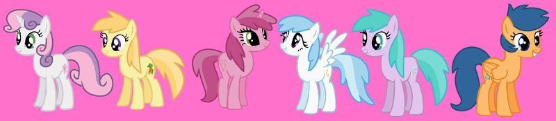 Size: 2182x478 | Tagged: safe, artist:frozengembases, artist:sillylittleprincess, derpibooru import, cotton cloudy, first base, noi, ruby pinch, sweetie belle, pony, adorabase, alternate mane six, aura (g4), aurabetes, base used, cottonbetes, cute, diasweetes, female, g4, image, mare, noiabetes, older, older aura (g4), older cotton cloudy, older first base, older noi, older ruby pinch, older sweetie belle, pegasus first base, pinchybetes, pink background, png, race swap, simple background, smiling