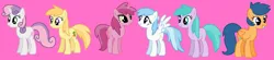 Size: 2182x478 | Tagged: safe, artist:frozengembases, artist:sillylittleprincess, derpibooru import, cotton cloudy, first base, noi, ruby pinch, sweetie belle, pony, adorabase, alternate mane six, aura (g4), aurabetes, base used, cottonbetes, cute, diasweetes, female, g4, image, mare, noiabetes, older, older aura (g4), older cotton cloudy, older first base, older noi, older ruby pinch, older sweetie belle, pegasus first base, pinchybetes, pink background, png, race swap, simple background, smiling