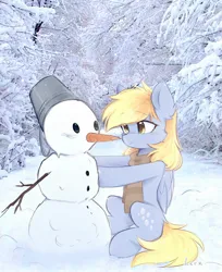 Size: 1270x1556 | Tagged: safe, artist:lerkfruitbat, derpibooru import, derpy hooves, pegasus, pony, bucket, clothes, cute, derpabetes, female, forest, image, jpeg, mare, scarf, sitting, smiling, snow, snowman, solo, tree