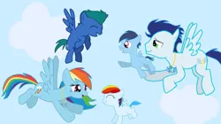 Size: 739x415 | Tagged: artist needed, safe, derpibooru import, rainbow dash, soarin', oc, pegasus, pony, colt, female, filly, flying, foal, image, jpeg, male, mare, offspring, parent:rainbow dash, parent:soarin', parents:soarindash, shipping, sky, soarindash, stallion, straight, teenager