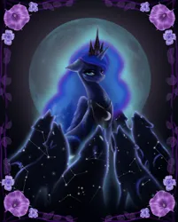 Size: 2657x3312 | Tagged: safe, artist:polnocnykot, derpibooru import, princess luna, alicorn, pony, wolf, commission, commissioner:shaddar, constellation, crown, cute, female, flower, howling, image, jewelry, jpeg, looking at you, lunabetes, mare, regalia, solo