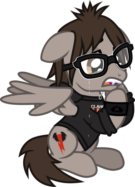 Size: 904x1254 | Tagged: safe, artist:lightningbolt, derpibooru import, ponified, pegasus, pony, .svg available, clandestine industries, clothes, crying, derpibooru exclusive, fangs, floppy ears, glasses, hoodie, image, jewelry, long sleeves, male, mikey way, my chemical romance, necklace, open mouth, partially open wings, png, pulled up sleeve, raised hoof, show accurate, simple background, sitting, solo, stallion, transparent background, vector, wings, wristband