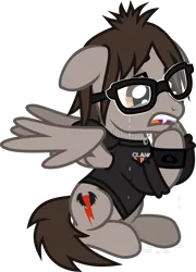 Size: 904x1254 | Tagged: safe, artist:lightningbolt, derpibooru import, ponified, pegasus, pony, .svg available, clandestine industries, clothes, crying, derpibooru exclusive, fangs, floppy ears, glasses, hoodie, image, jewelry, long sleeves, male, mikey way, my chemical romance, necklace, open mouth, partially open wings, png, pulled up sleeve, raised hoof, show accurate, simple background, sitting, solo, stallion, transparent background, vector, wings, wristband