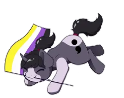 Size: 2763x2203 | Tagged: safe, artist:backgroundpony#f352, derpibooru import, oc, oc:eden, unofficial characters only, pony, unicorn, commission, cute, eyes closed, flag, horn, image, jumping, nonbinary, nonbinary pride flag, object in mouth, png, pride, pride flag, signature, simple background, solo, transparent background, ych result, your character here
