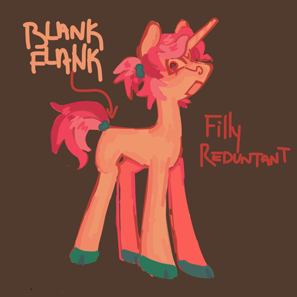 Size: 1280x1280 | Tagged: safe, artist:sillyfillies, derpibooru import, oc, oc:filly reduntant, unofficial characters only, pony, unicorn, adult blank flank, angry, blank flank, brown background, colored hooves, horn, image, png, ponytail, simple background, solo, unicorn oc