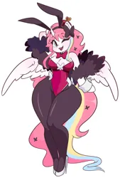 Size: 1917x2834 | Tagged: safe, artist:valcanicwitch, derpibooru import, oc, oc:nekonin, alicorn, anthro, arm hooves, bow, bowtie, breast fluff, bunny ears, bunny suit, butt, chest fluff, clothes, crown, cuffs (clothes), disproportional anatomy, femboy, hair bow, high heels, huge butt, image, jewelry, jpeg, large butt, looking at you, male, one eye closed, pantyhose, regalia, shoes, solo, wide hips, wink, winking at you