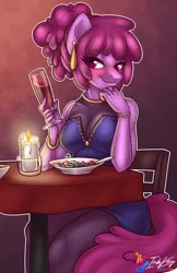 Size: 660x1020 | Tagged: safe, artist:inkkeystudios, derpibooru import, berry punch, berryshine, anthro, alcohol, alternate hairstyle, berrybetes, blushing, candle, clothes, cute, ear piercing, earring, food, image, jewelry, looking at you, piercing, png, salad, socks, stockings, stupid sexy berry punch, thigh highs, wine