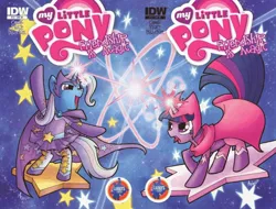 Size: 1054x800 | Tagged: safe, derpibooru import, idw, trixie, twilight sparkle, reflections, spoiler:comic, spoiler:comic18, cape, clothes, comic cover, costume, image, jpeg, larry's comics, stars, superhero, superhero costume