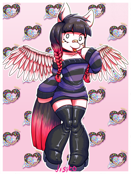 Size: 960x1280 | Tagged: safe, artist:jisito, derpibooru import, oc, oc:arwencuack, unofficial characters only, anthro, pegasus, bandaid, blush sticker, blushing, boots, braid, clothes, commission, cutie mark background, donut, food, image, knees pressed together, looking at you, pigtails, png, raised arm, shoes, spread wings, thigh boots, tongue out, white pupils, wings