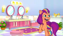 Size: 2160x1215 | Tagged: safe, derpibooru import, screencap, sunny starscout, earth pony, pony, a home to share, g5, my little pony: tell your tale, spoiler:g5, spoiler:my little pony: tell your tale, spoiler:tyts01e01, bathroom, bathtub, crystal brighthouse, cute, female, image, mare, mirror, open mouth, plant, png, rug, sink, smiling, solo, sunnybetes