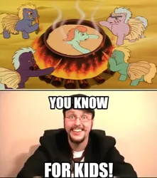 Size: 584x661 | Tagged: safe, derpibooru import, bright eyes, g1, my little pony tales, ponies in paradise, cannibalism, carrot, cauldron, cooking, fire, food, image, jpeg, meme, nostalgia critic, steam, wood, you know for kids