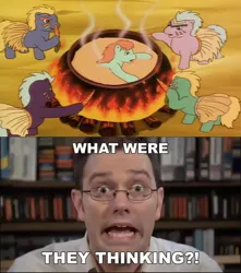 Size: 584x661 | Tagged: safe, derpibooru import, bright eyes, g1, my little pony tales, ponies in paradise, angry video game nerd, cannibalism, carrot, cauldron, cooking, fire, food, image, jpeg, meme, steam, what were they thinking, wood