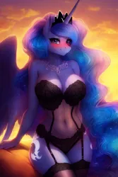Size: 2048x3072 | Tagged: suggestive, derpibooru import, machine learning generated, stable diffusion, princess luna, anthro, pony, ai content, belly button, big breasts, blushing, breasts, busty princess luna, clothes, ethereal mane, female, horn, image, jewelry, jpeg, lingerie, looking at you, mare, s1 luna, sexy, smiling, socks, solo, solo female, spread wings, stockings, stupid sexy princess luna, thigh highs, wings